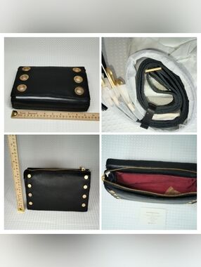 Hammitt Montana Small Black Leather Clutch, Gold Grommet Detail With Strap Nwot